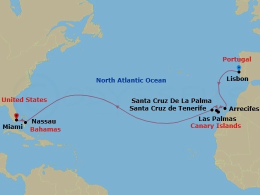 14 Night - Passage to Paradise - Seven Seas Mariner - Starting in Lisbon, Cruising the Atlantic Ocean, Arrecife (Lanzarote), Las Palmas De Gran Canaria, Santa Cruz de Tenerife, Santa Cruz de La Palma, Cruising the Atlantic Ocean, Nassau, Miami itinerary map