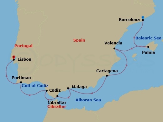 9 Night - Moorish Shores - Seven Seas Voyager - Starting in Barcelona, Palma De Mallorca, Valencia, Cartagena ES, Cruising the Alboran Sea, Malaga, Gibraltar, Cadiz, Portimao, Lisbon itinerary map