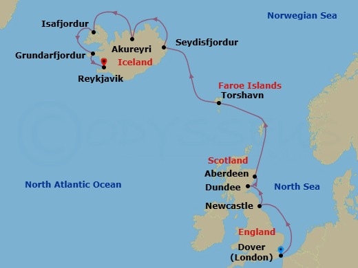 12 Night - Highlands & Runes - Seven Seas Prestige - Starting in London (Dover UK), Cruising the North Sea, Newcastle UK, Dundee, Aberdeen, Cruising the Norwegian Sea, Torshavn, Faroe Islands, Cruising the Norwegian Sea, Seydisfjodur, Akureyri, Isafjordur, Grundarfjordur, Reykjavik itinerary map