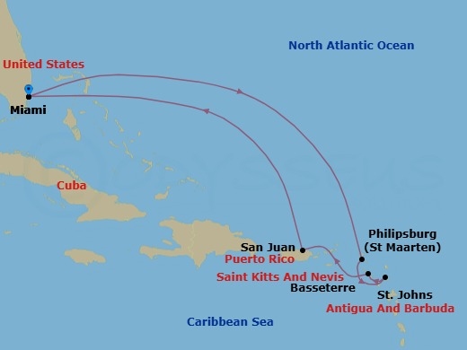 9 Night - Seagrass & Sky - Seven Seas Prestige - Starting in Miami, Cruising the Atlantic Ocean, Philipsburg, St Johns, Basseterre, San Juan, Cruising the Atlantic Ocean, Miami itinerary map