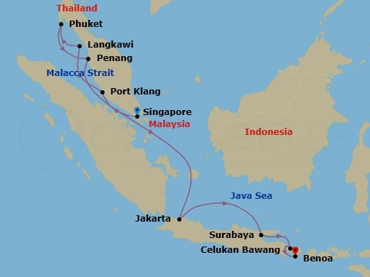 12 Night - Emerald Horizons - Seven Seas Splendor - Starting in Singapore, Kuala Lumpur (Port Klang), Langkawi, Phuket, Penang, Cruising the Malacca Strait, Cruising the Java Sea, Jakarta, Cruising the Java Sea, Surabaya, Celukan Bawang (Bali), Bali (Benoa) itinerary map