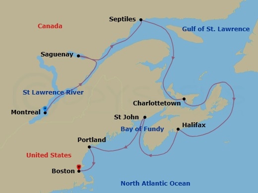 11 Night - The Bay of Color - Seven Seas Prestige - Starting in Montreal, Saguenay, Sept-Iles, Cruising the Gulf of St Lawrence, Charlottetown, Cruising the Atlantic Ocean, Halifax, Saint John NB (Bay of Fundy), Portland ME, Boston itinerary map