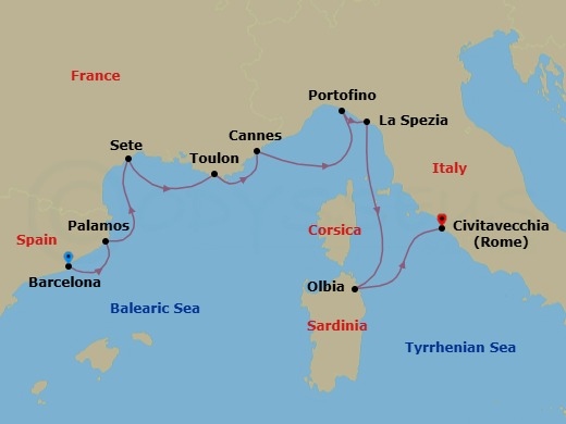 10 Night - Chanson Du Soleil - Seven Seas Grandeur - Starting in Barcelona, Palamos, Sete, Toulon, Cannes, Cruising the Ligurian Sea, Portofino, La Spezia (Cinque Terre), Olbia (Sardinia), Cruising the Tyrrhenian Sea, Rome (Civitavecchia) itinerary map