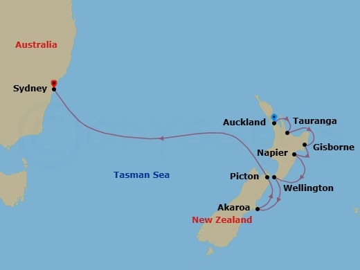 10 Night - New Zealand Uncovered - Seven Seas Explorer - Starting in Auckland, Rotorua (Tauranga), Gisborne, Napier, Wellington, Akaroa, Picton, Cruising the Tasman Sea, Sydney AU itinerary map