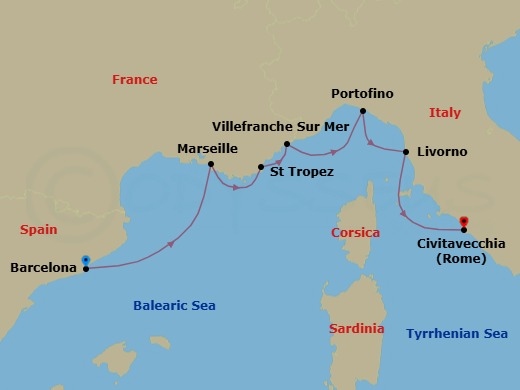 7 Night - Ballet of the Riviera - Seven Seas Grandeur - Starting in Barcelona, Provence (Marseille), Saint-Tropez, Villefranche, Cruising the Ligurian Sea, Portofino, Tuscany (Livorno), Rome (Civitavecchia) itinerary map