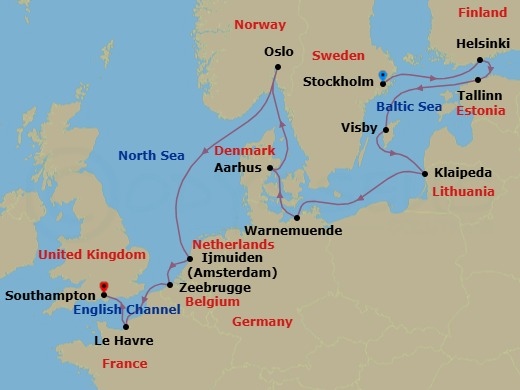 14 Night - Light & Legacy - Seven Seas Voyager - Starting in Stockholm, Helsinki, Tallinn, Visby, Sweden, Klaipeda, Cruising the Baltic Sea, Berlin (Warnemunde), Aarhus, Oslo, Cruising the North Sea, Amsterdam (Ijmuiden), Bruges (Zeebrugge), Paris (Le Havre), Cruising the English Channel, London (Southampton) itinerary map