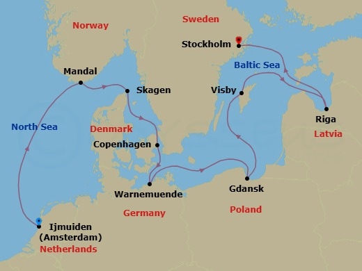 12 Night - Northern Capitals - Seven Seas Voyager - Starting in Amsterdam (Ijmuiden), Cruising the North Sea, Mandal, Skagen, Copenhagen, Berlin (Warnemunde), Cruising the Baltic Sea, Gdansk (Gdynia), Visby, Sweden, Riga, Cruising the Baltic Sea, Stockholm itinerary map