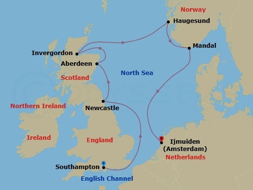 9 Night - Fjords Majesty - Seven Seas Voyager - Starting in London (Southampton), Cruising the North Sea, Newcastle UK, Aberdeen, Invergordon, United Kingdom, Cruising the North Sea, Haugesund, Mandal, Cruising the North Sea, Amsterdam (Ijmuiden) itinerary map