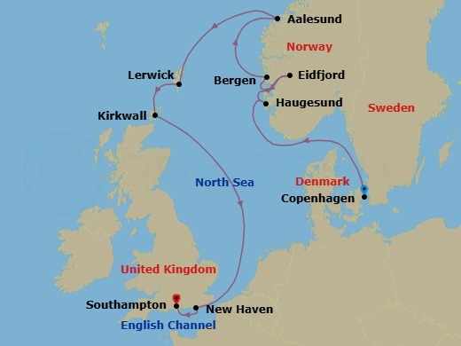 12 Night - Scandinavian Sublime - Seven Seas Voyager - Starting in Copenhagen, Cruising the North Sea, Haugesund, Eidfjord, Bergen, Alesund, Cruising the North Sea, Lerwick (Shetland Islands), Kirkwall (Orkney Islands), Edinburgh (Newhaven), Cruising the North Sea, London (Southampton) itinerary map