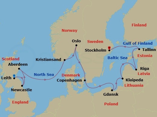 14 Night - Historic Shores - Seven Seas Voyager - Starting in Edinburgh (Leith), Newcastle UK, Aberdeen, Cruising the North Sea, Kristiansand, Oslo, Copenhagen, Gdansk (Gdynia), Cruising the Baltic Sea, Klaipeda, Riga, Tallinn, Stockholm itinerary map
