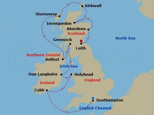 12 Night - Castles, Cliffs & Currents - Seven Seas Voyager - Starting in London (Southampton), Cruising the Celtic Sea, Cork (Cobh), Holyhead, Dun Laoghaire, Glasgow (Greenock), Belfast, Cruising the Atlantic Ocean, Stornoway (Hebrides), Kirkwall (Orkney Islands), Invergordon, United Kingdom, Aberdeen, Edinburgh (Leith) itinerary map