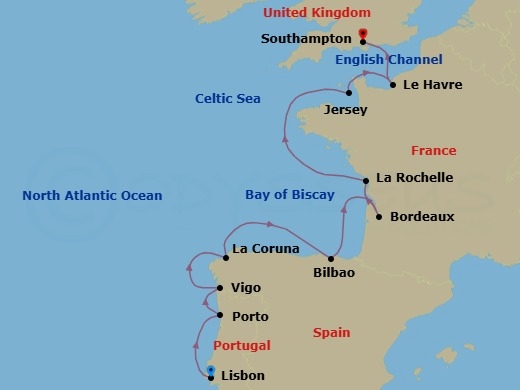 12 Night - Biscay Horizon - Seven Seas Voyager - Starting in Lisbon, Oporto, Santiago De Compostela (Vigo), La Coruna, Bilbao, Cruising the Bay of Biscay, Bordeaux, La Rochelle, France, Cruising Bay of Biscay and the English Channel, St Helier, Paris (Le Havre), London (Southampton) itinerary map
