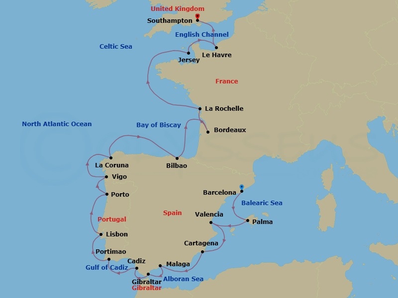 21 Night - In the Light of Spring - Seven Seas Voyager - Starting in Barcelona, Palma De Mallorca, Valencia, Cartagena ES, Cruising the Alboran Sea, Malaga, Gibraltar, Cadiz, Portimao, Lisbon, Oporto, Santiago De Compostela (Vigo), La Coruna, Bilbao, Cruising the Bay of Biscay, Bordeaux, La Rochelle, France, Cruising Bay of Biscay and the English Channel, St Helier, Paris (Le Havre), London (Southampton) itinerary map