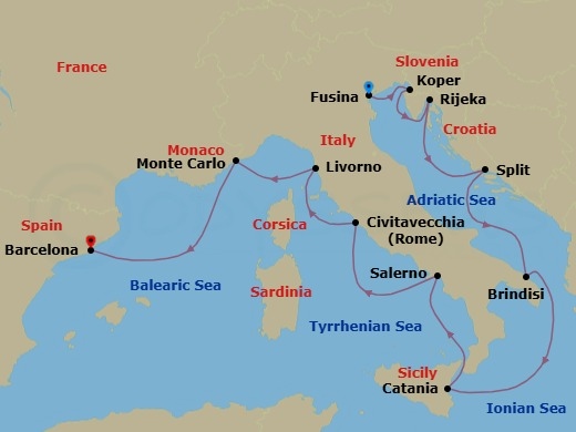 12 Night - Classical Shores - Seven Seas Voyager - Starting in Venice (Fusina), Koper, Rijeka, Split, Brindisi, Cruising the Ionian Sea, Catania (Sicily), Salerno, Rome (Civitavecchia), Tuscany (Livorno), Monte Carlo, Barcelona itinerary map