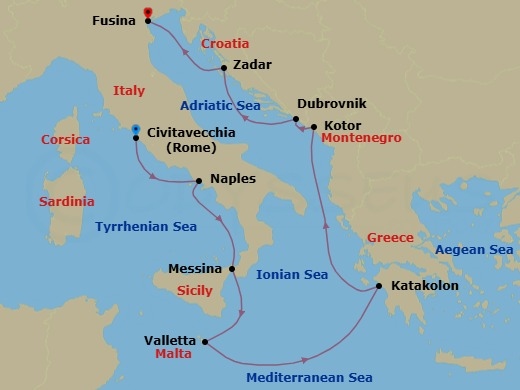 10 Night - Canals, Castles & Coasts - Seven Seas Voyager - Starting in Rome (Civitavecchia), Naples / Pompeii, Messina (Sicily), Valletta, Cruising the Mediterranean Sea, Katakolon, Cruising the Ionian Sea, Kotor, Dubrovnik, Croatia, Zadar, Venice (Fusina) itinerary map
