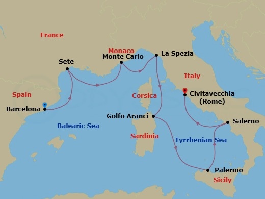 10 Night - Luminous Italy - Seven Seas Voyager - Starting in Barcelona, Sete, Monte Carlo, Cruising the Ligurian Sea, La Spezia (Cinque Terre), Cruising the Tyrrhenian Sea, Golfo Aranci (Sardinia), Palermo (Sicily), Salerno, Rome (Civitavecchia) itinerary map