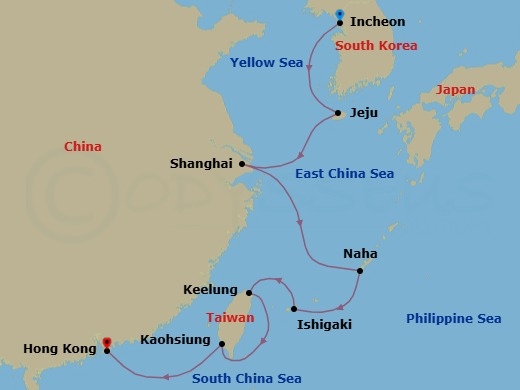 12 Night - Silk Roads & Sea Mist - Seven Seas Splendor - Starting in Seoul (Incheon), Cruising the Yellow Sea, Jeju, Cruising the East China Sea, Shanghai, Cruising the East China Sea, Okinawa (Naha), Ishigaki (Sakishima Islands), Taipei (Keelung), Kaohsiung, Cruising the South China Sea, Hong Kong itinerary map