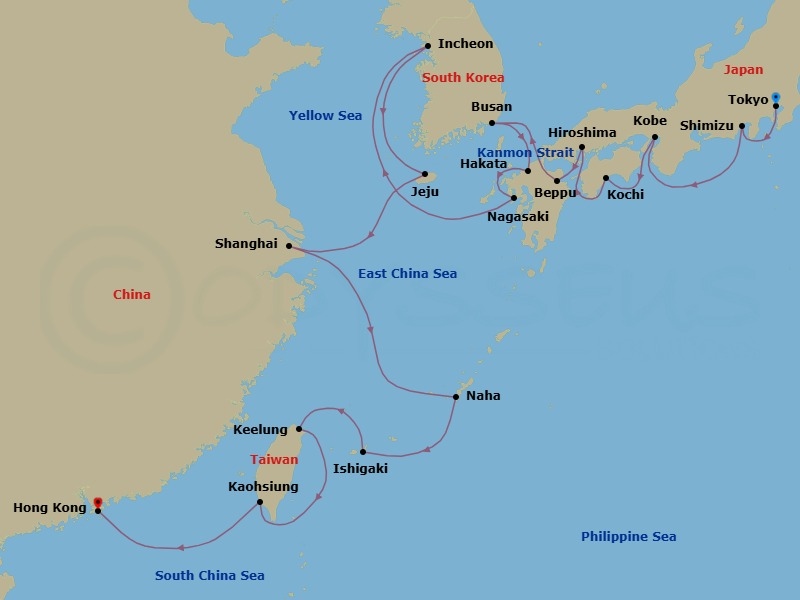 23 Night - Asia Odyssey - Seven Seas Splendor - Starting in Tokyo, Shimizu, Cruising the Philippine Sea, Kyoto (Kobe), Kochi, Hiroshima, Beppu, Cruising the Kanmon Straits, Busan, Hakata, Nagasaki, Cruising the Yellow Sea, Seoul (Incheon), Cruising the Yellow Sea, Jeju, Cruising the East China Sea, Shanghai, Cruising the East China Sea, Okinawa (Naha), Ishigaki (Sakishima Islands), Taipei (Keelung), Kaohsiung, Cruising the South China Sea, Hong Kong itinerary map