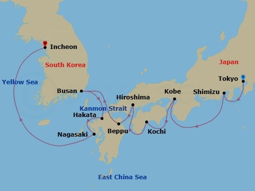 11 Night - Season of Quiet Wonder - Seven Seas Splendor - Starting in Tokyo, Shimizu, Cruising the Philippine Sea, Kyoto (Kobe), Kochi, Hiroshima, Beppu, Cruising the Kanmon Straits, Busan, Hakata, Nagasaki, Cruising the Yellow Sea, Seoul (Incheon) itinerary map