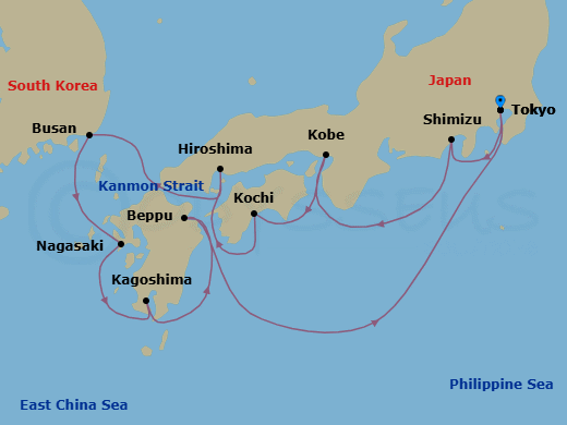 11 Night - Japanese Daydream - Seven Seas Splendor - Starting in Tokyo, Shimizu, Cruising the Philippine Sea, Kyoto (Kobe), Kochi, Hiroshima, Cruising the Kanmon Straits, Busan, Nagasaki, Kagoshima, Beppu, Cruising the Philippine Sea, Tokyo itinerary map