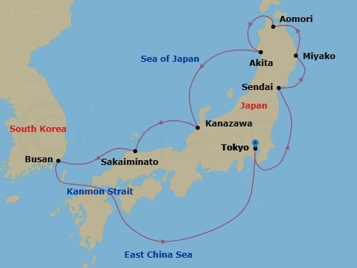 11 Night - Mountains & Moonlight - Seven Seas Splendor - Starting in Tokyo, Cruising the Pacific Ocean, Sendai, Miyako, Aomori, Akita, Kanazawa, Sakaiminato, Busan, Cruising the Kanmon Straits, Cruising the Philippine Sea, Tokyo itinerary map