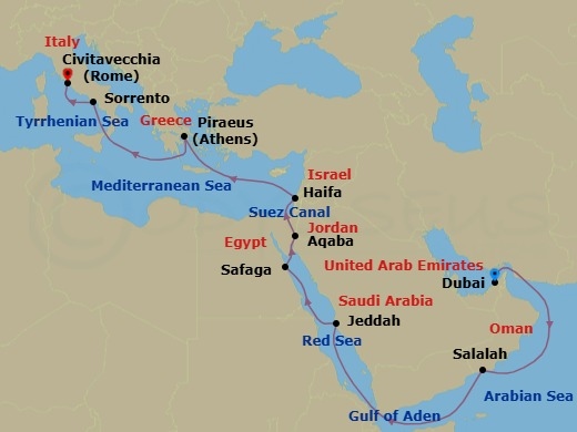21 Night - Via Antiqua - Seven Seas Mariner - Starting in Dubai, Cruising the Gulf of Oman, Cruising the Arabian Sea, Salalah, Cruising the Arabian Sea, Cruising the Gulf of Aden, Cruising the Red Sea, Jeddah, Cruising the Red Sea, Luxor (Safaga), Aqaba, Suez Canal (Transit), Jerusalem (Haifa), Cruising the Mediterranean Sea, Athens (Piraeus), Cruising the Mediterranean Sea, Sorrento / Capri, Rome (Civitavecchia) itinerary map
