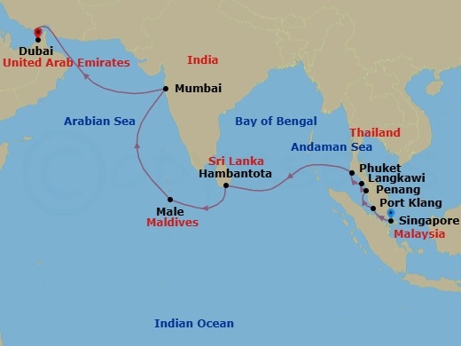 18 Night - Dynasties in Stone - Seven Seas Mariner - Starting in Singapore, Kuala Lumpur (Port Klang), Penang, Langkawi, Phuket, Cruising the Andaman Sea, Cruising the Bay of Bengal, Hambantota, Cruising the Indian Ocean, Male, Cruising the Indian Ocean, Mumbai (Bombay), Cruising the Arabian Sea, Cruising the Gulf of Oman, Dubai itinerary map