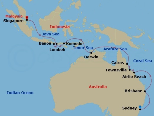21 Night - Sails Into the Future - Seven Seas Mariner - Starting in Sydney AU, Cruising the Tasman Sea, Brisbane, Cruising the Coral Sea, Airlie Beach, Townsville, Cairns, Cruising the Coral Sea, Cruising the Arafura Sea, Darwin, Cruising the Timor Sea, Komodo, Lombok (Lembar), Bali (Benoa), Cruising the Java Sea, Cruising the South China Sea, Singapore itinerary map