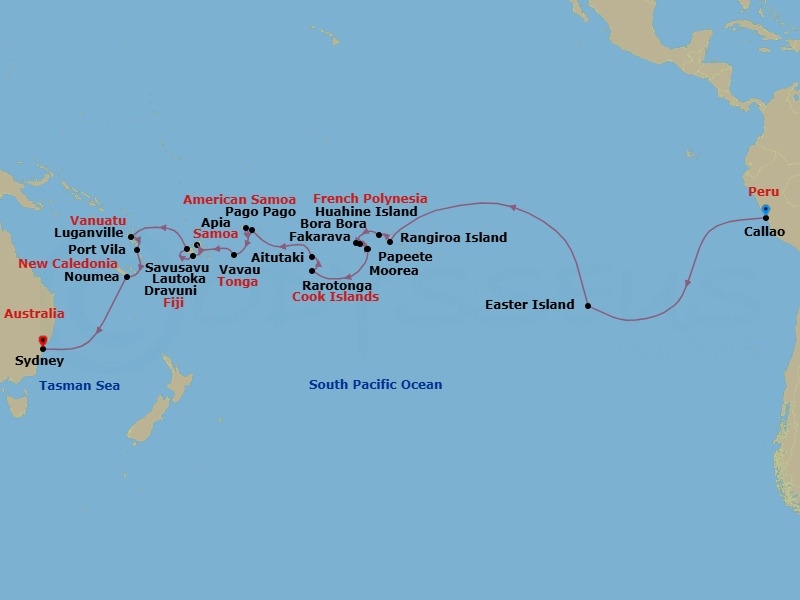 39 Night - Mariners of the South Pacific - Seven Seas Mariner - Starting in Lima (Callao), Cruising the South Pacific, Easter Island, Cruising the South Pacific, Cruising the Pitcairn Islands, Cruising the South Pacific, Fakarava, Rangiroa, Bora Bora, Huahine, Moorea, Papeete (Tahiti), Cruising the South Pacific, Rarotonga, Aitutaki, Cruising the South Pacific, Pago Pago, Cross the International Date Line, Apia, Cruising the South Pacific, Vavau (Neiafu), Cruising the South Pacific, Savusavu, Dravuni, Lautoka, Cruising the South Pacific, Luganville, Port Vila, Cruising the South Pacific, Noumea, Cruising the South Pacific, Sydney AU itinerary map