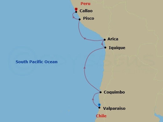8 Night - The Poets' Passage - Seven Seas Mariner - Starting in Valparaiso, Coquimbo, Cruising the Pacific Ocean, Iquique, Arica, Cruising the Pacific Ocean, Pisco (Nazca Lines), Lima (Callao) itinerary map