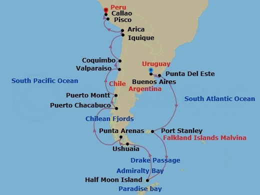 25 Night - Patagonian Expedition - Seven Seas Mariner - Starting in Buenos Aires, Punta Del Este, Cruising the Atlantic Ocean, Port Stanley, Falkland Islands, Cruising the Drake Passage, Cruising by Half Moon Islands, Antarctica, Cruising by Paradise Bay, Antarctica, Cruising by Admiralty Bay, Antarctica, Cruising the Drake Passage, Ushuaia, Punta Arenas, Cruising the Chilean Fjords, Puerto Chacabuco, Puerto Montt, Cruising the Pacific Ocean, Valparaiso, Coquimbo, Cruising the Pacific Ocean, Iquique, Arica, Cruising the Pacific Ocean, Pisco (Nazca Lines), Lima (Callao) itinerary map