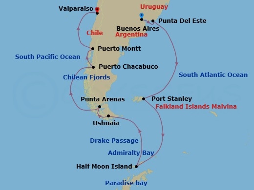 17 Night - Fjords of Fire and Ice - Seven Seas Mariner - Starting in Buenos Aires, Punta Del Este, Cruising the Atlantic Ocean, Port Stanley, Falkland Islands, Cruising the Drake Passage, Cruising by Half Moon Islands, Antarctica, Cruising by Paradise Bay, Antarctica, Cruising by Admiralty Bay, Antarctica, Cruising the Drake Passage, Ushuaia, Punta Arenas, Cruising the Chilean Fjords, Puerto Chacabuco, Puerto Montt, Cruising the Pacific Ocean, Valparaiso itinerary map
