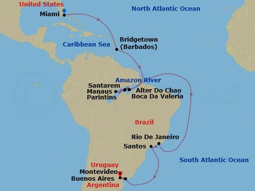 25 Night - Rio's Belle Epoque - Seven Seas Mariner - Starting in Miami, Cruising the Atlantic Ocean, Bridgetown, Cruising the Atlantic Ocean, Cruising the Amazon, Santarem (Amazon River), Boca Da Valeria (Amazon River), Manaus (Amazon River), Parintins (Amazon River), Alter Do Chao (Amazon River), Cruising the Amazon, Cruising the Atlantic Ocean, Rio De Janeiro, Sao Paulo (Santos), Cruising the Atlantic Ocean, Montevideo, Buenos Aires itinerary map