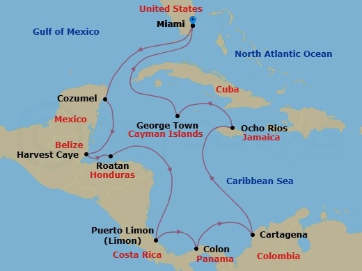 14 Night - Cadence of the Canal - Seven Seas Grandeur - Starting in Miami, Cruising the Florida Straits, Cozumel, Mexico, Harvest Caye, Roatan, Cruising the Caribbean Sea, Puerto Limon, Panama Canal / Gatun Yacht Club, Colon, Cruising the Caribbean Sea, Cartagena CO, Cruising the Caribbean Sea, Ocho Rios, Jamaica, George Town, Cruising the Florida Straits, Miami itinerary map