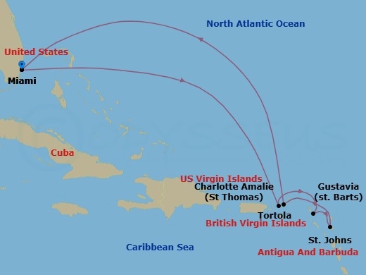 9 Night - Island Rhythms & Revelry - Seven Seas Grandeur - Starting in Miami, Cruising the Caribbean Sea, Charlotte Amalie, Gustavia, St Johns, Tortola, Cruising the Atlantic Ocean, Miami itinerary map