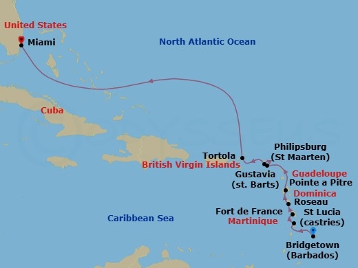 10 Night - Fete Afloat - Seven Seas Grandeur - Starting in Bridgetown, Castries, Fort-de-France, Roseau, Pointe-a-Pitre, Gustavia, Philipsburg, Tortola, Cruising the Atlantic Ocean, Miami itinerary map