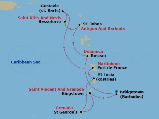 10 Night - Bongos & Breezes - Seven Seas Grandeur - Starting in Bridgetown, Kingstown, St Georges, Castries, Fort-de-France, Cruising the Caribbean Sea, Gustavia, Basseterre, St Johns, Roseau, Bridgetown itinerary map