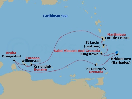 10 Night - Soca at Sea - Seven Seas Grandeur - Starting in Bridgetown, St Georges, Cruising the Caribbean Sea, Oranjestad, Willemstad AN, Bonaire (Kralendijk), Cruising the Caribbean Sea, Fort-de-France, Castries, Kingstown, Bridgetown itinerary map