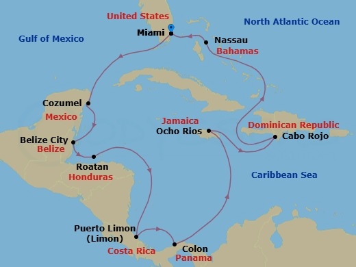 14 Night - Holidays On the Canal - Seven Seas Grandeur - Starting in Miami, Cruising the Florida Straits, Cozumel, Mexico, Belize City, Roatan, Cruising the Caribbean Sea, Puerto Limon, Panama Canal / Gatun Yacht Club, Colon, Cruising the Caribbean Sea, Ocho Rios, Jamaica, Cruising the Caribbean Sea, Cabo Rojo, Cruising the Caribbean Sea, Nassau, Miami itinerary map