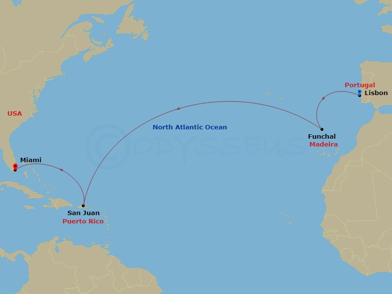 13 Night - Lullaby of the Atlantic - Seven Seas Grandeur - Starting in Lisbon, Cruising the Atlantic Ocean, Funchal (Madeira), Cruising the Atlantic Ocean, San Juan, Cruising the Caribbean Sea, Cruising the Florida Straits, Miami itinerary map
