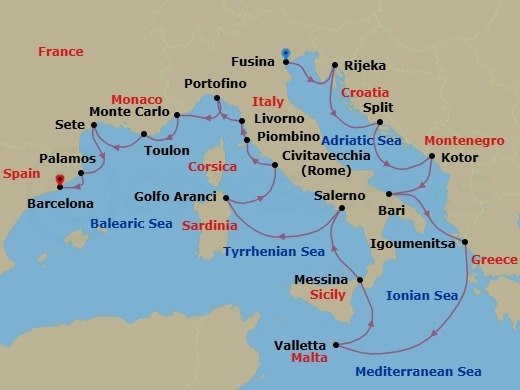 21 Night - Legacy of Civilizations - Seven Seas Explorer - Starting in Venice (Fusina), Rijeka, Split, Kotor, Bari, Igoumenitsa, Cruising the Ionian Sea, Valletta, Messina (Sicily), Salerno, Golfo Aranci (Sardinia), Rome (Civitavecchia), Piombino, Tuscany (Livorno), Portofino, Monte Carlo, Cruising the Ligurian Sea, Toulon, Sete, Palamos, Cruising the Balearic Sea, Barcelona itinerary map