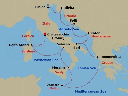 11 Night - Waters of Wonder - Seven Seas Explorer - Starting in Venice (Fusina), Rijeka, Split, Kotor, Bari, Igoumenitsa, Cruising the Ionian Sea, Valletta, Messina (Sicily), Salerno, Golfo Aranci (Sardinia), Rome (Civitavecchia) itinerary map