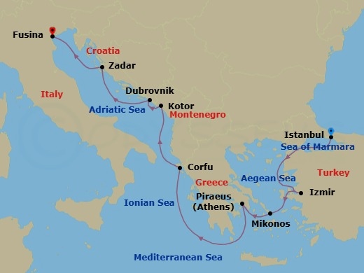 11 Night - Mediterranean Uncovered - Seven Seas Explorer - Starting in Istanbul, Cruising the Aegean Sea, Izmir, Mykonos, Athens (Piraeus), Cruising the Ionian Sea, Corfu, Kotor, Dubrovnik, Croatia, Zadar, Venice (Fusina) itinerary map
