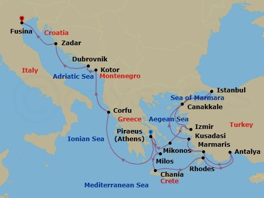 20 Night - Through the Ages - Seven Seas Explorer - Starting in Athens (Piraeus), Milos, Chania (Crete), Rhodes, Cruising the Mediterranean Sea, Antalya, Marmaris, Kusadasi, Canakkale (Troy), Istanbul, Cruising the Aegean Sea, Izmir, Mykonos, Athens (Piraeus), Cruising the Ionian Sea, Corfu, Kotor, Dubrovnik, Croatia, Zadar, Venice (Fusina) itinerary map