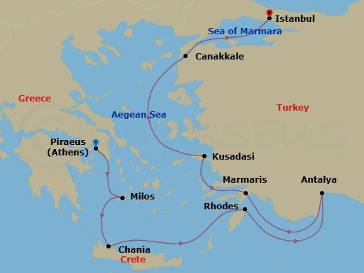 9 Night - Enduring Legends - Seven Seas Explorer - Starting in Athens (Piraeus), Milos, Chania (Crete), Rhodes, Cruising the Mediterranean Sea, Antalya, Marmaris, Kusadasi, Canakkale (Troy), Istanbul itinerary map