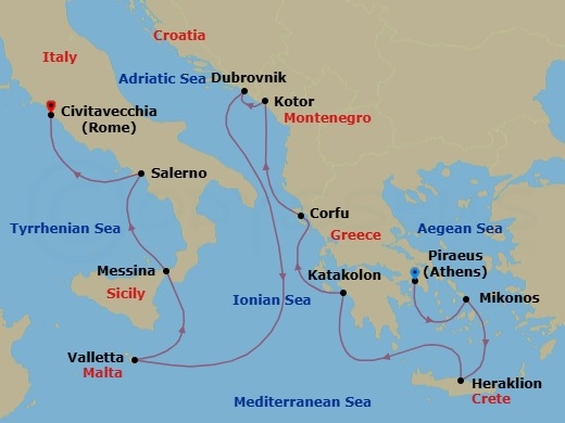 12 Night - Ionian Arias - Seven Seas Grandeur - Starting in Athens (Piraeus), Mykonos, Heraklion (Crete), Cruising the Mediterranean Sea, Katakolon, Corfu, Kotor, Dubrovnik, Croatia, Cruising the Ionian Sea, Valletta, Messina (Sicily), Salerno, Rome (Civitavecchia) itinerary map