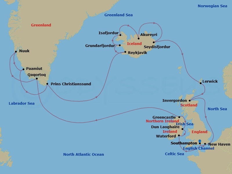 24 Night - Wild North Journey - Seven Seas Mariner - Starting in London (Southampton), Cruising the Celtic Sea, Waterford, Dun Laoghaire, Greencastle, Cruising the Atlantic Ocean, Qaqortoq, Nuuk, Paamiut, Cruising Prince Christian Sound, Cruising the Atlantic Ocean, Reykjavik, Grundarfjordur, Isafjordur, Akureyri, Seydisfjodur, Cruising the Norwegian Sea, Lerwick (Shetland Islands), Invergordon, United Kingdom, Edinburgh (Newhaven), Cruising the North Sea, London (Southampton) itinerary map