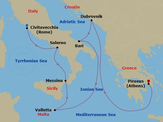 9 Night - Sultry Greece & Croatia - Seven Seas Voyager - Starting in Rome (Civitavecchia), Salerno, Messina (Sicily), Valletta, Cruising the Ionian Sea, Bari, Dubrovnik, Croatia, Cruising the Mediterranean Sea, Athens (Piraeus) itinerary map
