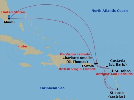 10 Night - Steel Drum Serenade - Seven Seas Grandeur - Starting in Miami, Cruising the Caribbean Sea, Charlotte Amalie, St Johns, Castries, Gustavia, Tortola, Cruising the Atlantic Ocean, Miami itinerary map