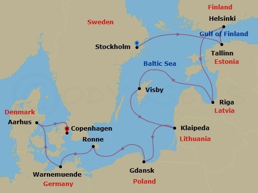 12 Night - Spires & Sea - Seven Seas Voyager - Starting in Stockholm, Tallinn, Helsinki, Cruising the Baltic Sea, Riga, Visby, Sweden, Klaipeda, Cruising the Baltic Sea, Gdansk (Gdynia), Ronne, Berlin (Warnemunde), Aarhus, Copenhagen itinerary map
